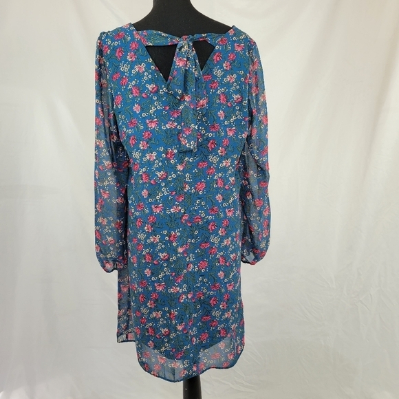 INC INTERNATIONAL CONCEPTS V Neck Sheer Long sleeve Shift Dress Teal Floral - Picture 4 of 9